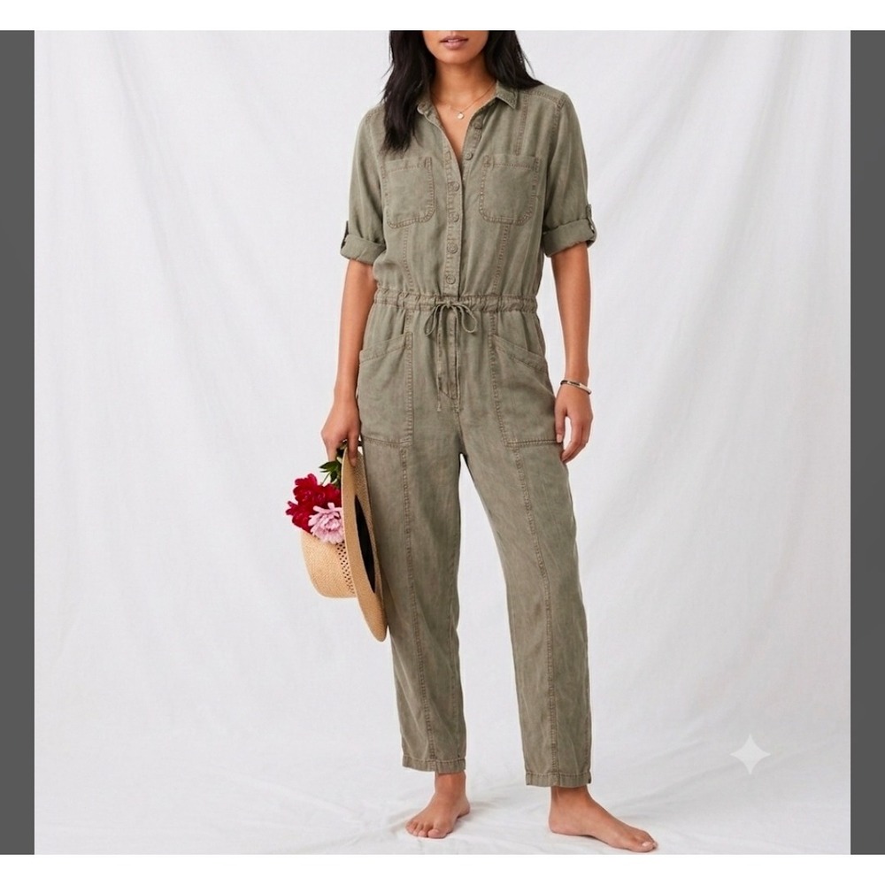 Sundance Wayside Utility Jumpsuit Women Size XXL Green Roll Tab Tencel